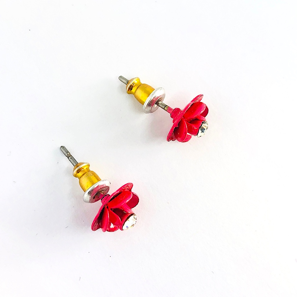 New! Rhinestone Pink Flower Stud Earrings